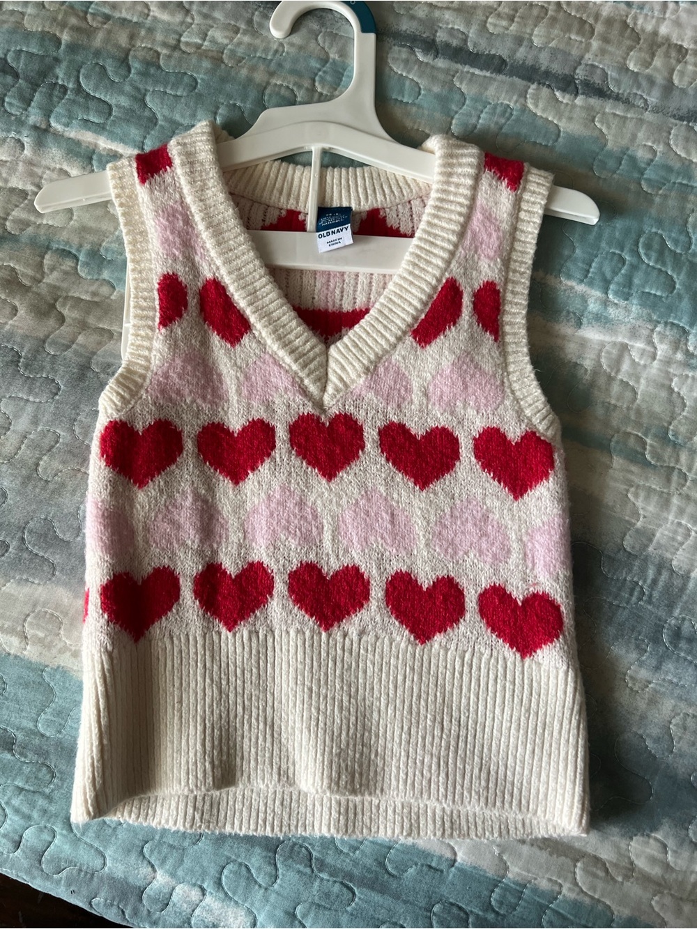 Old Navy Cream Sweater Vest with Red Hearts
